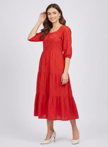 Image of Her Couture Cotton Midi Schiffli Embroidered Dress with Attached Belt