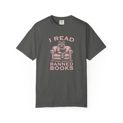 I Read Banned Books, Unisex Garment-Dyed T-Shirt, Funny Raccoon Retro Sitting Couch Sarcastic Bookworm Club Humor CE-241 Pepper