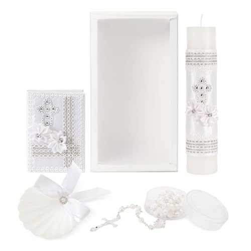 5 PCS Baptism Candle Set for Boys and Girls White Baptism Kit Candle Towel Shell Rosary &Bible for Baptismal Christening First Communion Gift Velas para Bautizo De Nio o Nia