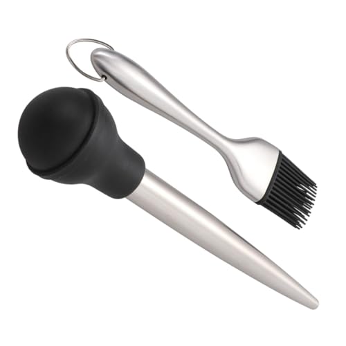 CIYODO 4pcs Stainless Steel Turkey Baster Set Drip Oil Seasoning Tube Silicone Oil Dropper Cleaning Brush for Flavoring Meat Poultry Fish Black