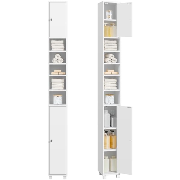 Yaheetech Badezimmerschrank, Badschrank, hoch, schmaler Aufbewahrungsschrank, mit verstellbaren Ablagen, offenen Fächern, für kleine Räume, 20x20x180.5 cm, Weiß