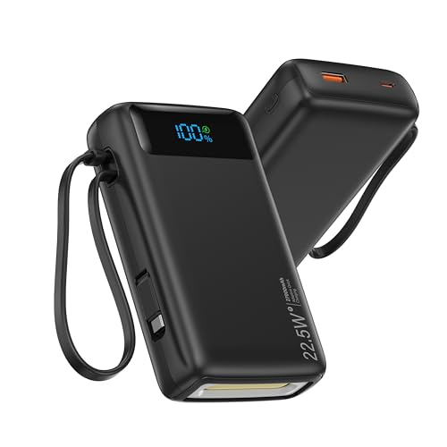 Nusyddy Portable Charger 27000mAh 22.5W w/Built-in Cable/LED Display Black