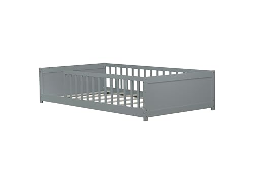 Image of Twin Size Kids Montessori Floor Bed,Twin Floor Bed Frame with Slats and Bookcase,Solid Wood Montessori Bed for Girls Boys,Grey