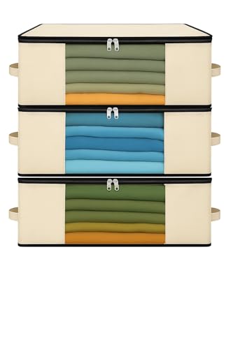 Image of Kottify Cotton Canvas Clothes Storage Bags Pack of 3 | Saree Covers with Zip | Wardrobe Organizer for Women's Dresses, Sarees & Lehengas | Breathable Fabric Storage Bag with Window (17 x 14 x 7 Inch)