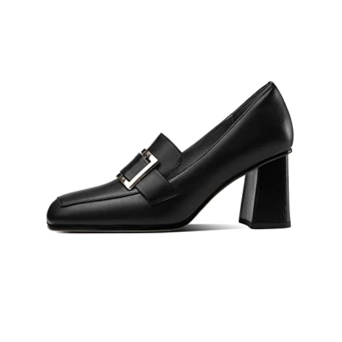 TinaCus Women's Handmade Genuine Leather Block Heel Square Toe Pumps Shoes with Modern Pattern2