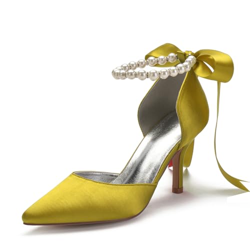 Image of Women's Pearl White Wedding Shoes for Bride High Heels Pointed Toe Bridal Shoes Satin Prom Party Dress Pumps Sandals