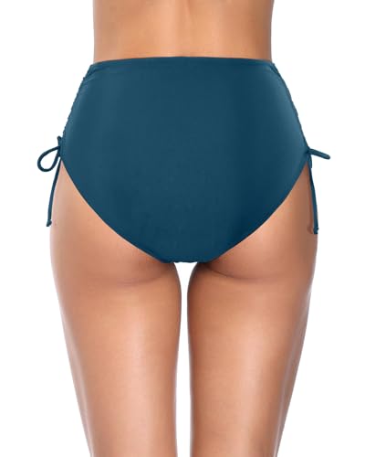 Image of Holipick Women's High Waisted Bikini Bottom | Tummy Control Ruched, Full Bum Coverage, Full Lining, Adjustable Drawstring Tie Side, Swimming, Beach