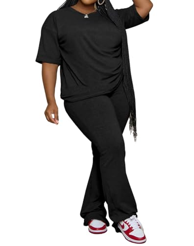 PINSV Womens Plus Size Sets 2 Piece Outfits Casual Short Sleeve Top and Flare Pants Tracksuit