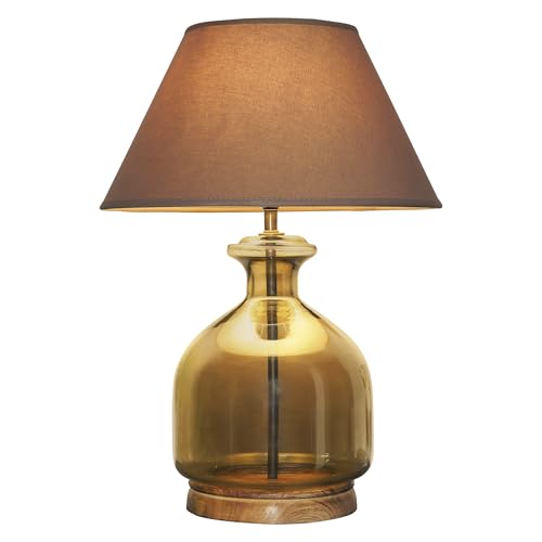 Image of Alper Smoke Luster Glass Table Lamp with Beige Cotton Shade | Modern Designer Bedside & Living Room Decorative Table Light (Bulb Included)