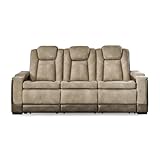 Signature Design by Ashley Next-Gen DuraPella Power Reclining Sofa – Wireless & USB Charging, Zero-Gravity, Adjustable Headrest, Water-Repellent Faux Leather, Drop-Down Table, Beige/Brown, 86”