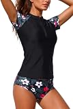 Holipick Black Floral 2 Piece Rash Guard for Women - Short Sleeve Swim Shirt UPF 50+ Zip Up Swimsuit with Built in Bra M