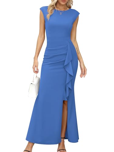 Missufe Robe de soirée maxi pour femme avec manches bouffantes et ouverture en forme de sirène pour mariage, cocktail, bal, bleu clair, Medium