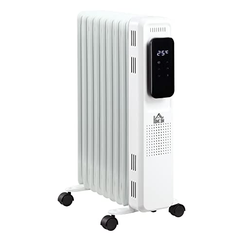 HOMCOM Radiador de Aceite 2180W Calentador de Aceite 3 Modos con 9 Elementos Control Táctil Termostato Pantalla LED Ruedas y Temporizador 24H Superficie 20 m² 42,5x24x63 cm Blanco