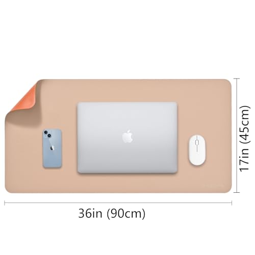 Image of Aropana Vegan Leather Desk Mat | Large Reversible Mouse Pad & Computer Table Protector | Dual-Side Waterproof Extended Laptop Pad with Edge-Stitched Design (90x45cm, Apricot and Orange)