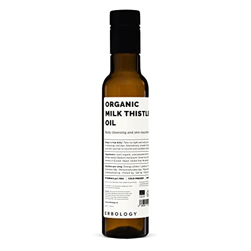 Erbology Organic Milk Thistle Oil 8.5 fl oz - Cold-Pressed - High in Vitamin E - Detoxifying - Straight from Farm - Non GMO - No Additives or Preservatives - Recyclable Glass Bottle