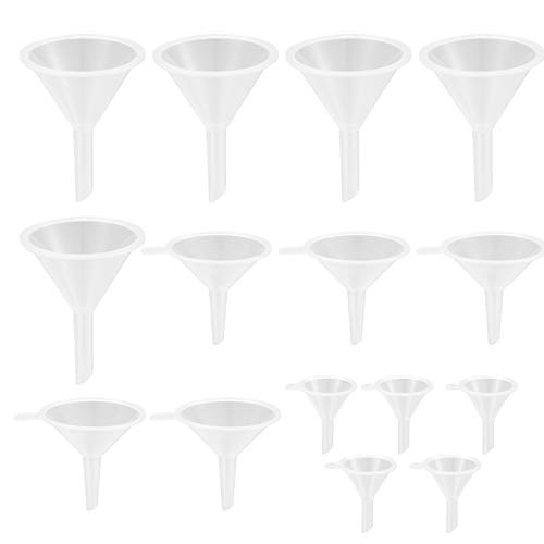 15 Stück Mini Kunststoff, Küchentrichter Plastik, Labortrichter, Parfümtrichter, Trichter Marmelade, Trichter Set für Öl, Kosmetik Proben