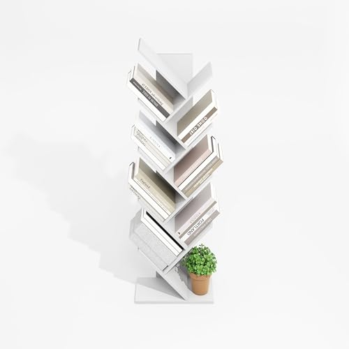 Image of Furinno Tree Book Shelf, 9-Tier Bookshelf, Tree Bookcase for Room Decor, 8.4 x 15.7 x 50.9, for Living Room, Bedroom, Home Office, Plain White