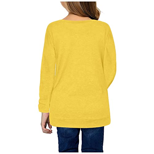 Girls Long Sleeve Tunic Tops Knot Front Button Casual Loose Crewneck T-Shirt Tee Blouse Kids Pullover(Yellow,12-13 Years)2