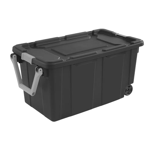 40 Gallon Industrial Storage Bin with Wheels Sturdy and Durable Large Plastic Tool Box with Latch Lid and Pull Handle for Garage Camping Moving Deep Gray