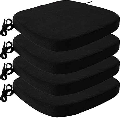 Eiury Kitchen Chair Cushions with Ties - High Density Sponge Seat Cushion and Dining Room Chair Pad 17 X 16.5 Inches Non Slip Rubber Back Seat Cover Machine Washable Set of 4 - Black