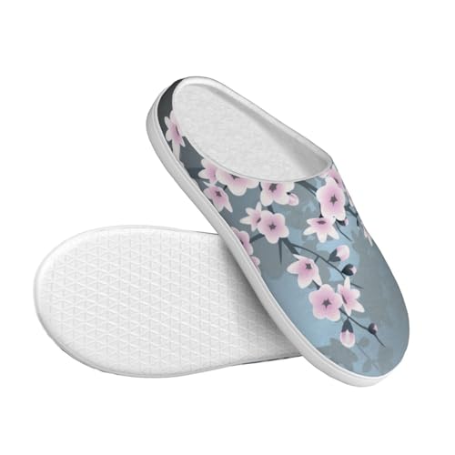 Floral Cherry Blossom Dusty Pink Blue Full Print Flannel Slippers，Soft Warm Upper, Anti-Slip TPR Sole, for Casual Use3