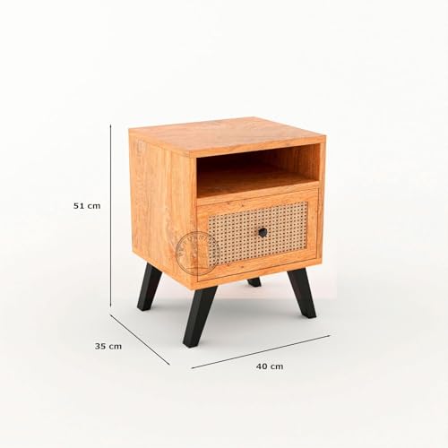 Image of Wooden Bedside Table with Cane Rattan Drawer & Open Shelf | Modern Nightstand for Bedroom (Natural Finish)