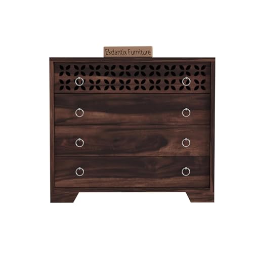 Image of Sheesham Wood Dressers Chests of 4 Drawers | Kitchen Crockery Cabinet Unit | Sideboard Storage Cabinets | Bedroom Furniture | Wooden Chests of Drawers (Walnut Finish)