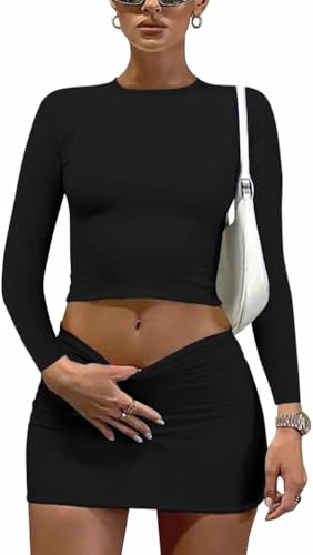 YFANG Women's Sexy Two Pieces Pencil Mini Skirt Set Long Sleeve Crew Neck Crop Top Short Bodycon Skirt Outfits2