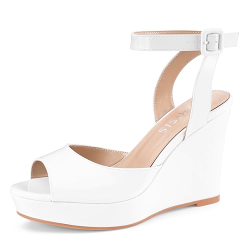 Image of Women's Dressy Platform Wedge Sandals Gold Wedges Peep Toe Patent High Heels Slingback Heeled Comfortable Ankle Strap Shoes
