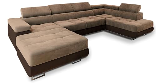 Masseno Ecksofa CASONE R-S mit Schlaffunktion U-Form, Sofa mit Bettkasten, Wohnzimmersofa, Couch, Soffa, Bettsofa, Couchgarnitur- Beige, Monolith 09 + Monolith 29