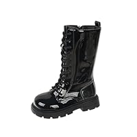 Kids Girls Mid-Calf Boots with Side Zipper, Winter Faux Patent Leather School Shoes Lace-Up Punk Gothic Riding Booties Non-Slip Boot Waterproof Winter Footwear