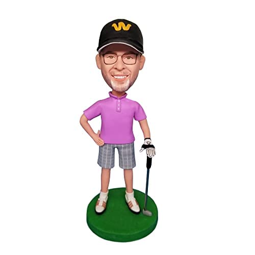 Figuras Bobble-Heads de hombre golfista con camiseta púrpura, muñecas personalizadas, figuras a medida, regalo de cumpleaños hecho a mano para papá, amigo, empresario, colega