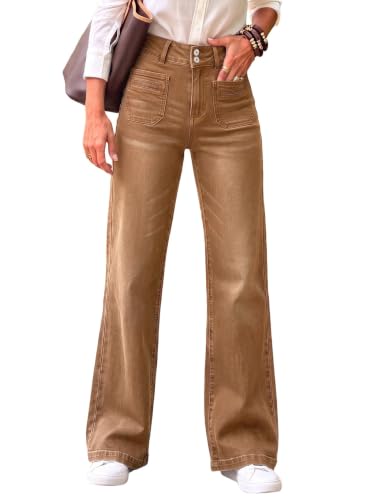 Sidefeel Women's Wide Leg Jeans High Waisted Denim Pants Brown Size 14