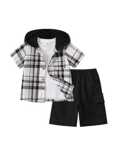 Image of Boys 2 Pieces Clothing Shorts Set Short Sleeve Plaid Button Down Shirt and Cargo Shorts Set 4-12Y