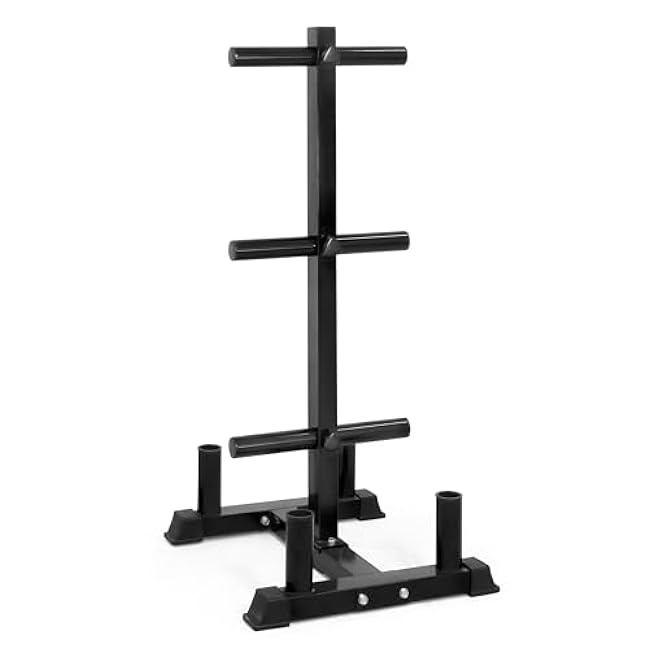 CAP Barbell Olympic Bumper Plate Tree Rack with 6 Weight Plate Posts and 4 Barbell Storage Holders ¨C Heavy-Duty Steel Gym Organizer for Olympic Plates and Bars - Black