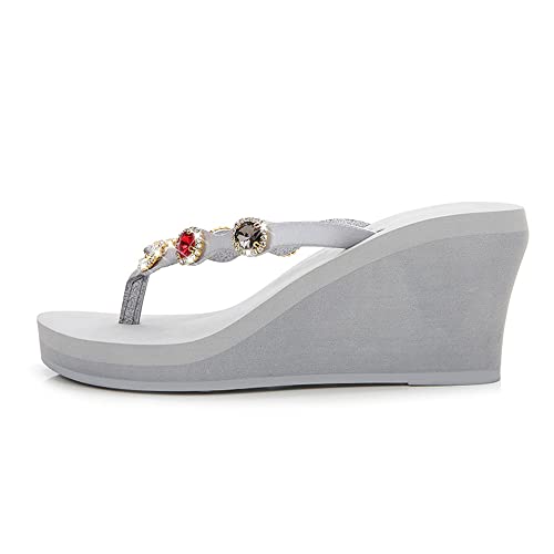 Chinelos femininos de salto plataforma fashion coloridos strass anabela para o verão, Cinza claro, 8