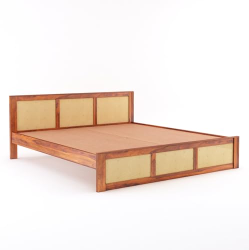 Image of Sheesham Wood Queen Size Cane Bed Without Storage Wooden Double Cot Palang Furniture for Bedroom Living Room Home Hotel (Honey Finish) 1 Year Warranty