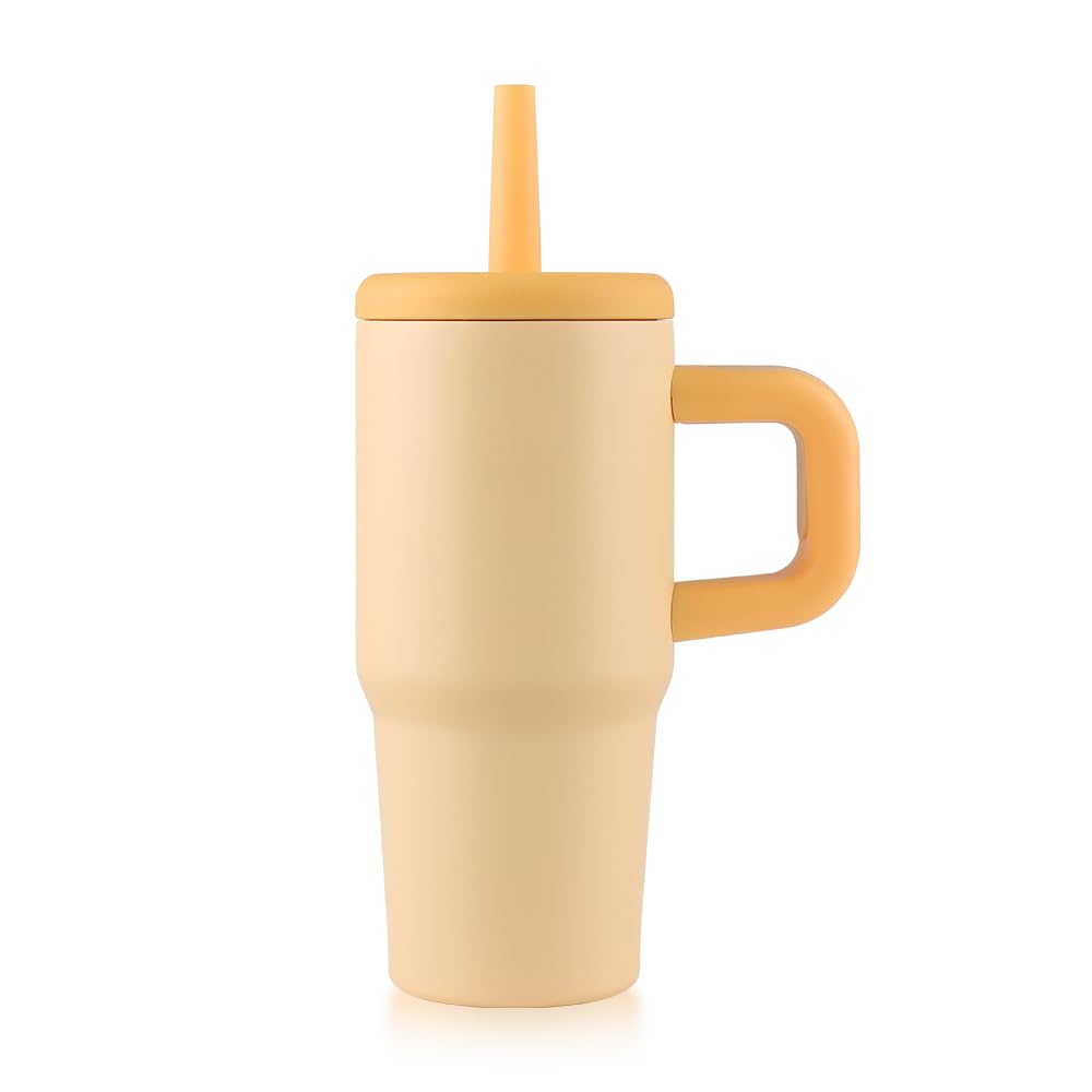 wedrink 14oz Stainless Steel Travel Mug with Handle & Silicone Straw, Double-Wall Insulated Coffee Cup for Home Office Camping, Leak-Proof Lid Included (Yellow)