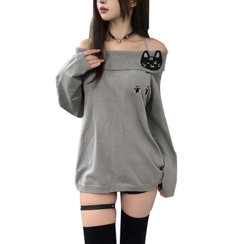 Women Y2K Off Shoulder Strap T-Shirts Cute Graphic Casual Long Sleeves Tops Kawaii Ribbing Trendy Outfits