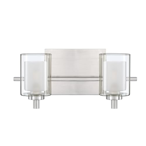 Image of 13 inch Clear Frosted Glass Bathroom Modern Wall Sconce Fixture for Bedroom Hallway Bedside 2 Light Brushed Nickel Wall Sconce