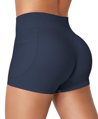 ZAAYO Sport Short Damen mit Tasches 3.6 Invisible Scrunch Butt Gym Yoga Shorts Nahtlose Push Up Workout Booty Biker Shorts V Förmige Bund Kurze Leggings Damen Radlerhose Marineblau XS