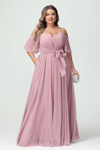 Women Plus Size Cold Shoulder Bridesmaid Dresses 2025 with Slit Chiffon Formal Party Dresses with Pockets DE523