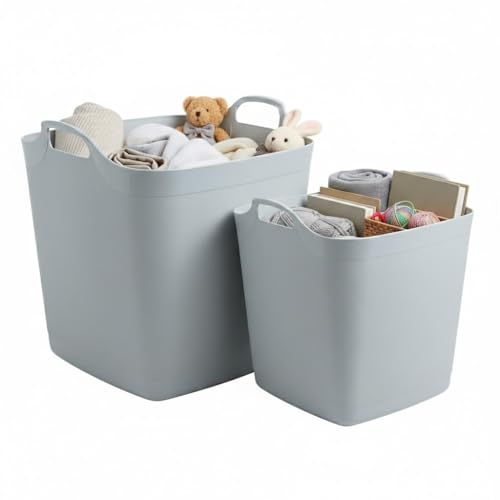 Image of AOC24 - Flexible Tub 25L/40L- Heavy Duty Plastic Flexi Bucket for Laundry, Garden, Toys, Storage - Multi Purpose Strong Container Bin - Large Capacity Durable Flexi Tubs (Cool Grey, Set M/L)