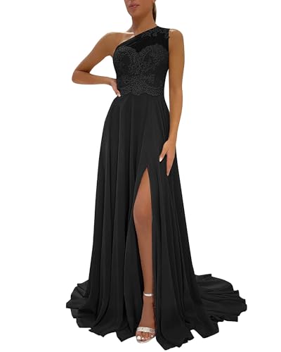 Image of LANGKAAO One Shoulder Lace Bridesmaid Dresses Long for Wedding A-Line Chiffon Slit Formal Party Gown with Pockets