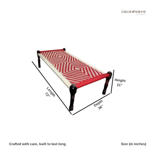 Image of Solid Sheesham Wood Charpai Khat Bed | Wooden Khatiya Charpai Desi | Handcrafted Khatiya Bed with Cotton Rope | Strong Khat for Indoor & Outdoor Use | 6X3 Feet | Red White