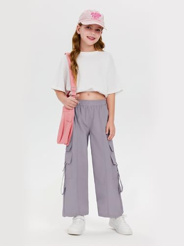 Image of Haloumoning Girls Parachute Pants Kids Wide Leg Cargo Pants Y2K Street Trousers with Pockets 5-14 Years