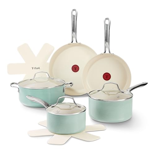 T-Fal Inspire Nonstick Cookware Set 10-Piece Oven Safe to 500F Stockpot Ceramic Pots and Pans Set Frying Pans Saucepans Protectors Mint Green