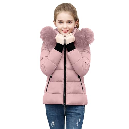 KODMNSW Winterjacke Mädchen Steppjacke Warme Daunenjacken mit Fellkapuze (Abnehmbar) Winterparka Flauschig Puffer Jacke Leichte Kinderjacke Outdoor Mantel Wintermantel Kinder Parka Rosa 140