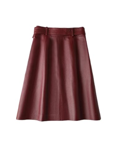 Women Leather Skirt A-Line Knee Length Office Ladies Solid Casual Belted with Pocket Skirts2