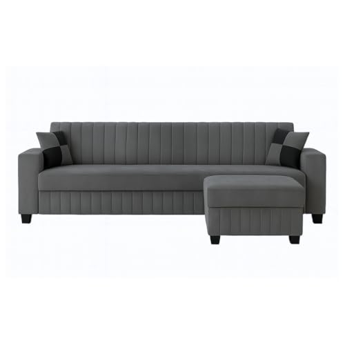 Image of FURNY Gracinta Fabric 4 Seater Convertiable L Shape Sofa Set 3Seater Modern Sofa Set & Ottoman for Living Room (Dark Grey) with Velvet Fabric | Durable Comfort | Modern Design | IDE